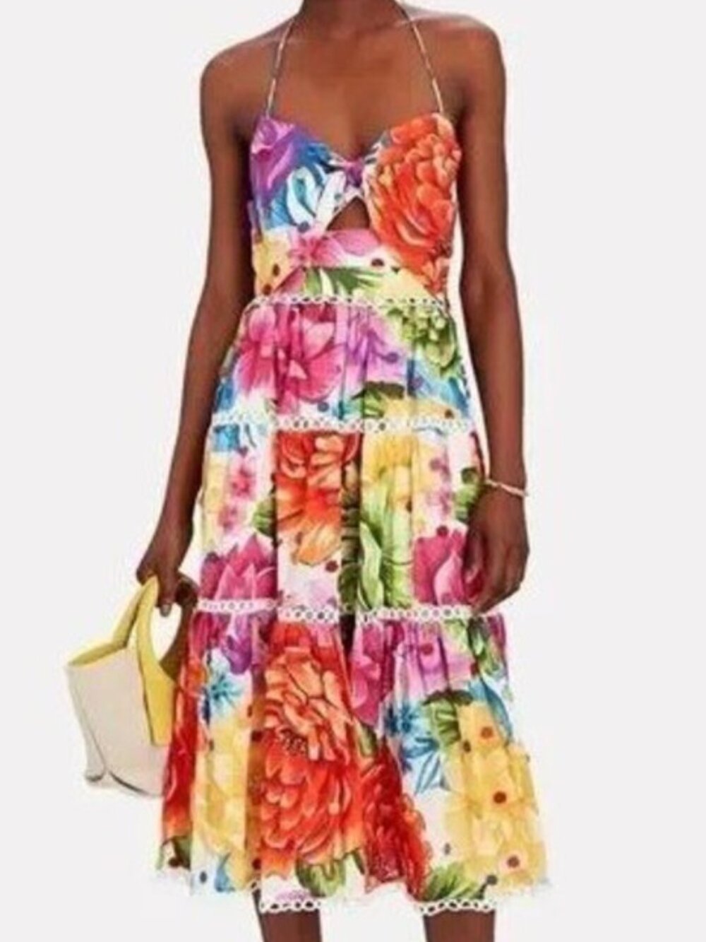 Farm Rio Chita Floral Print Halter Midi Dress In Rainbow Chita - Size Medium